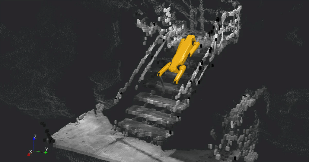 A visualization of Spot's perception as the robot climbs stairs