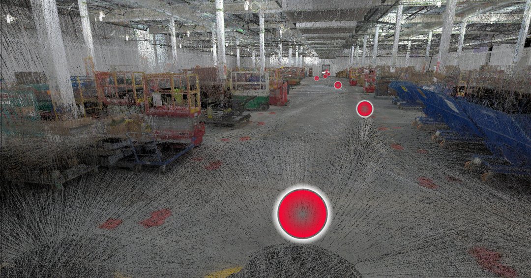 A 3D visualization of a construction site, with red dots showing Spot's route.