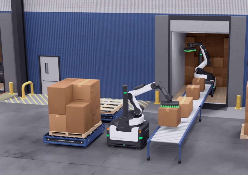 An render of two Stretch robots working in tandem. One unloads a trailer, while the other palletizes the cases