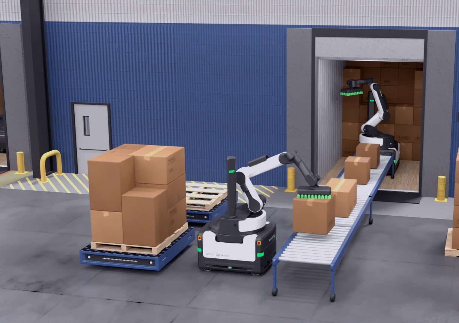 An render of two Stretch robots working in tandem. One unloads a trailer, while the other palletizes the cases