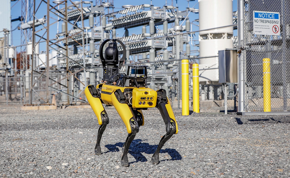 Spot with Spot CAM+IR and EAP inspects an electrical substation