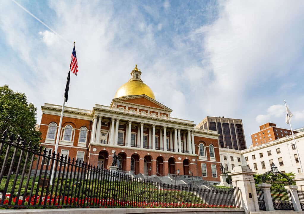 A wide shot of the Massachusetts State House