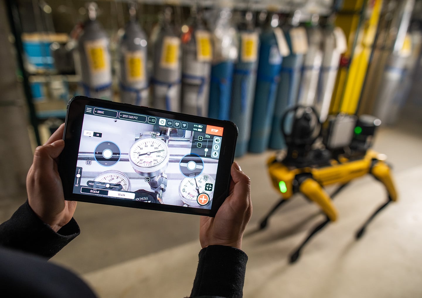 An operator uses the Spot tablet controller to create an autonomous gauge reading with Spot