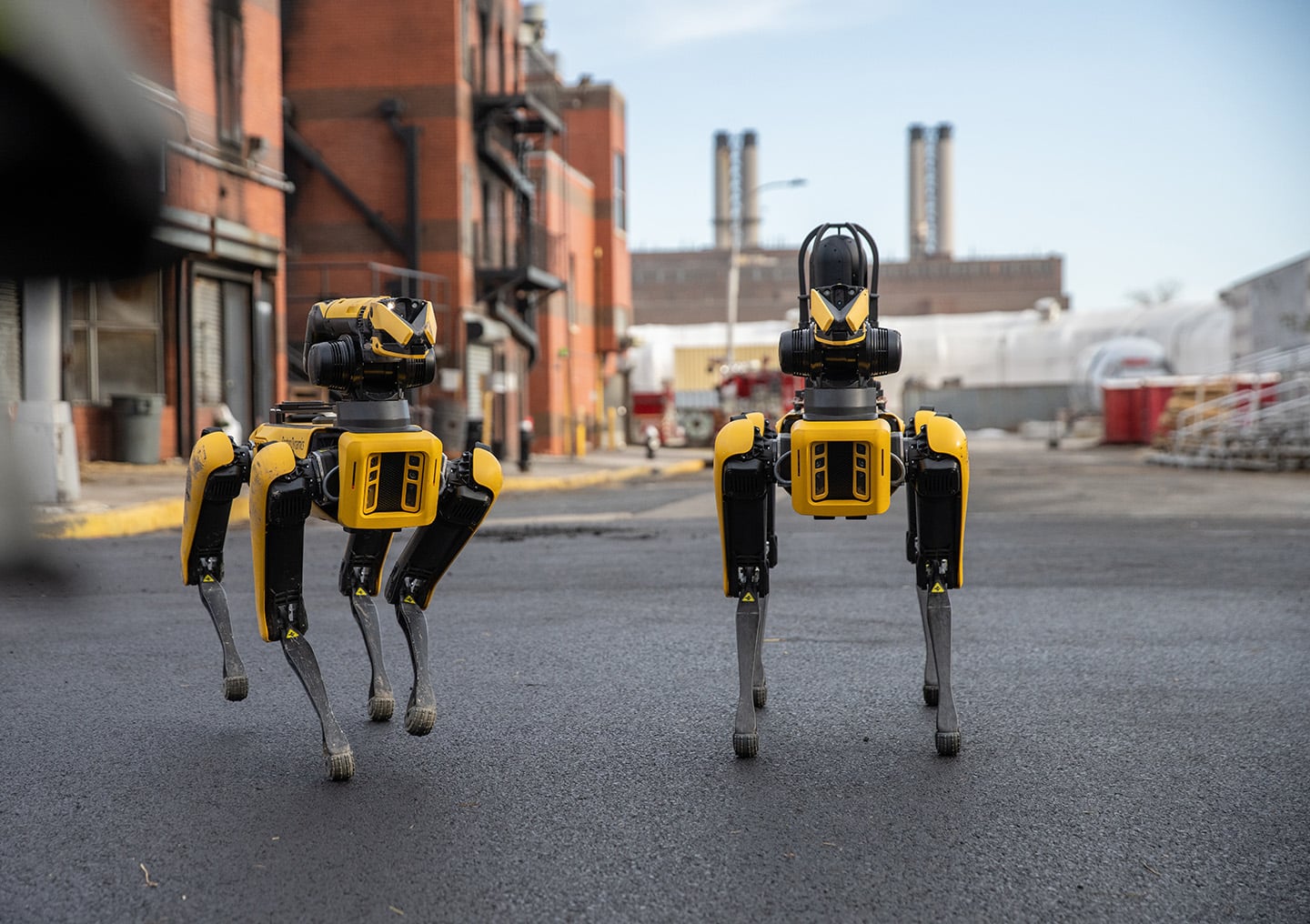 Two Spot robots with Arms in an urban environment