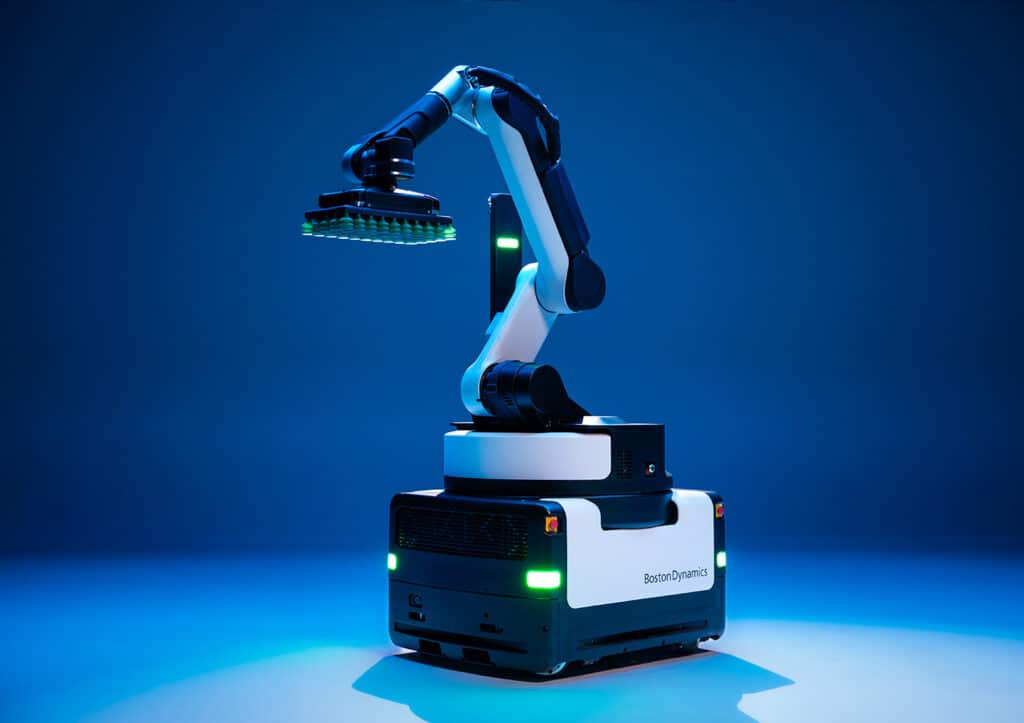 Stretch robot in a studio with blue lighting