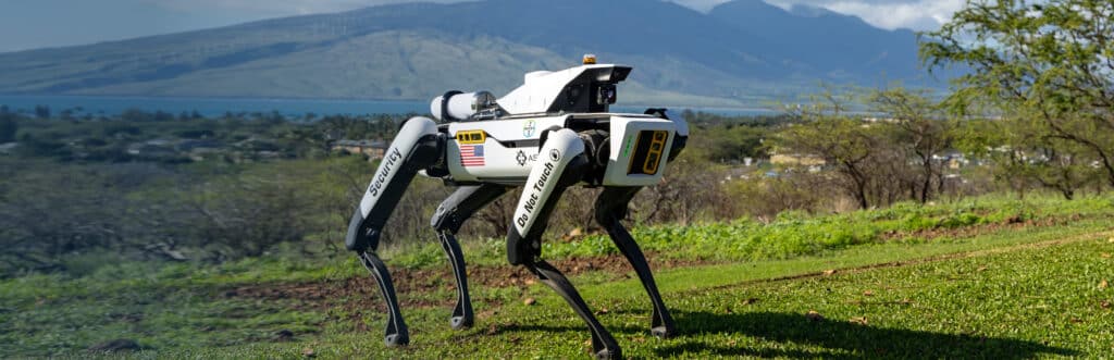 A white Spot robot equipped for security rounds