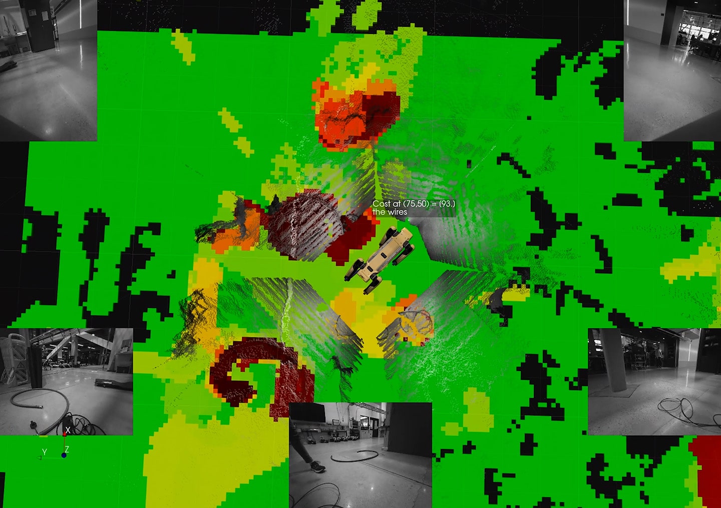 A visualization of Spot's perception and navigation showing several hazards for the robot to avoid