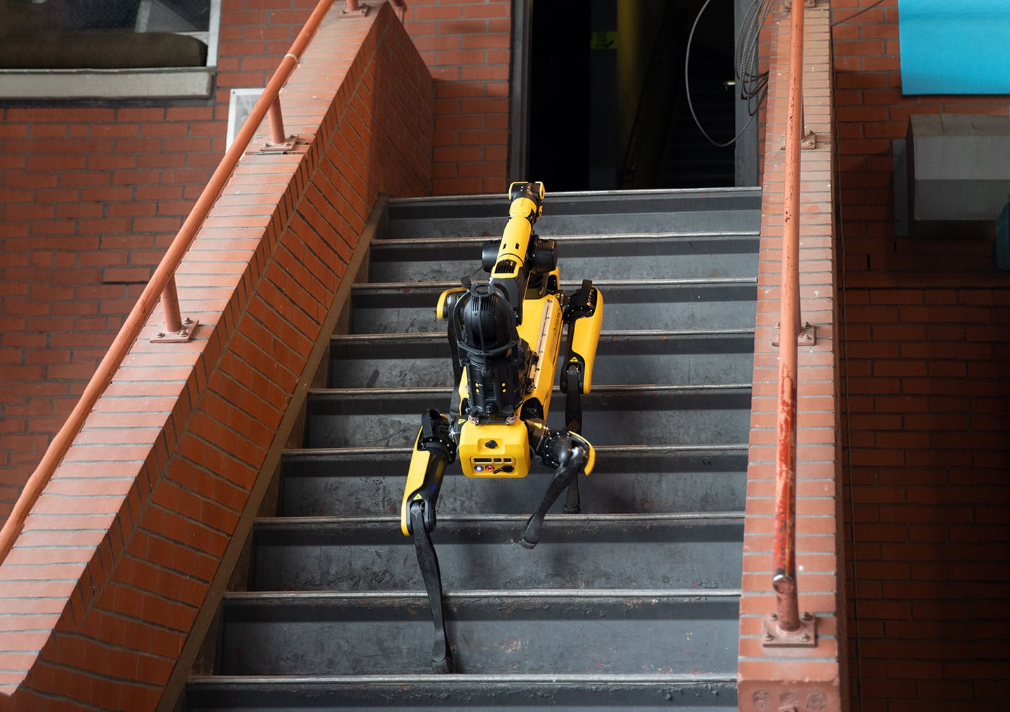 Spot climbs stairs to enter a brick building