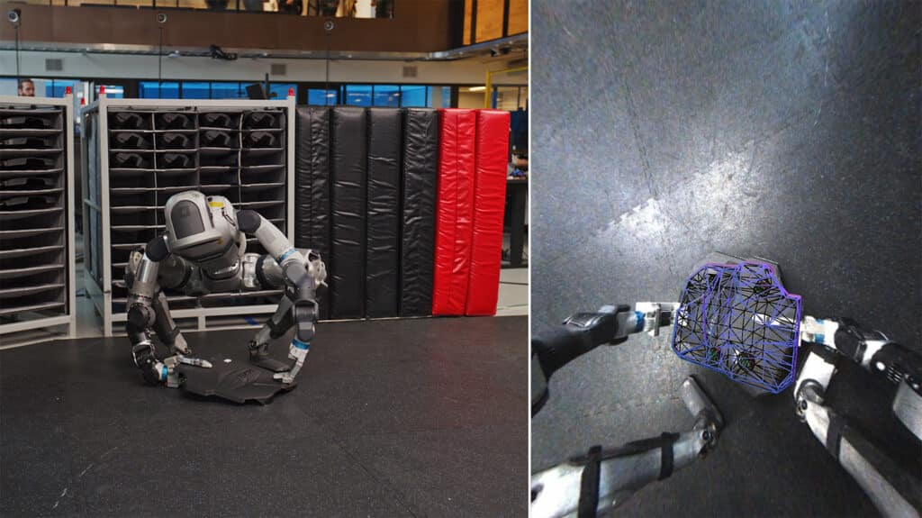 Atlas squats to lift an engine cover with the robot's perception view displayed alongside.