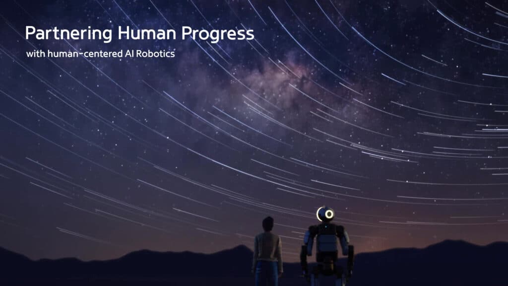 The silhouette of Atlas and a child stargazing. Text reads: Partnering Human Progress with human-centered robots