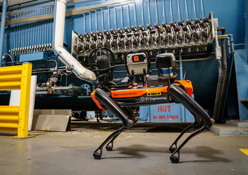 Spot branded with an ST Engineering logo takes acoustic and thermal readings