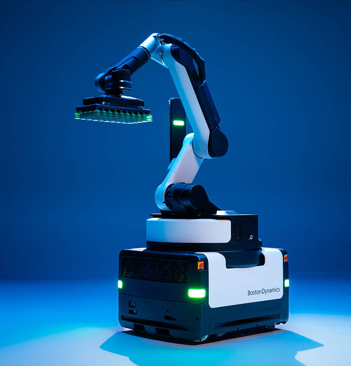 Boston Dynamics Stretch robot in a studio with blue lighting